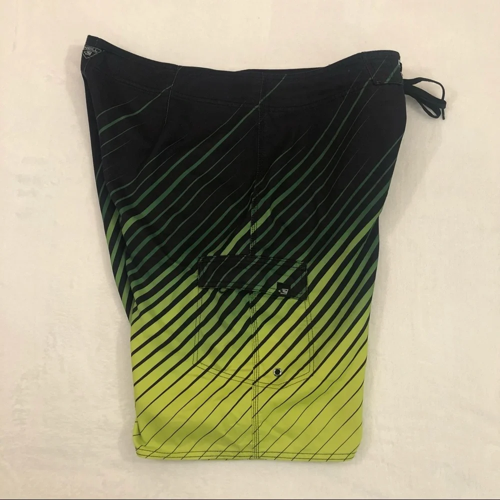 O’Neill Surf Skate Lime Green Striped Pool Board Shorts Swim Trunk Mens Waist 38